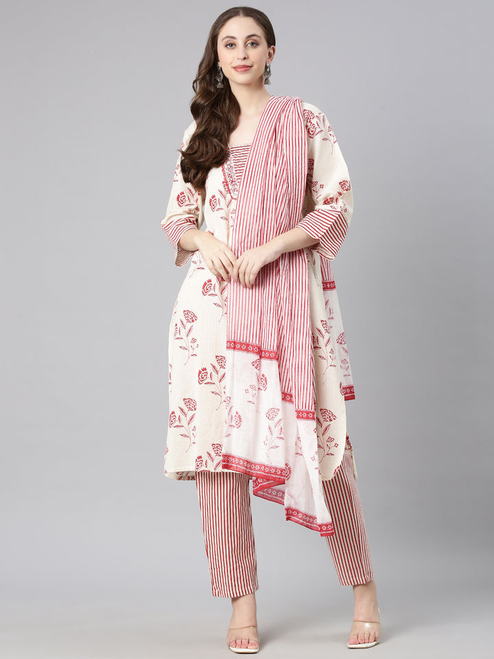 Neerus Red Printed Straight Kurta and Trousers With Dupatta