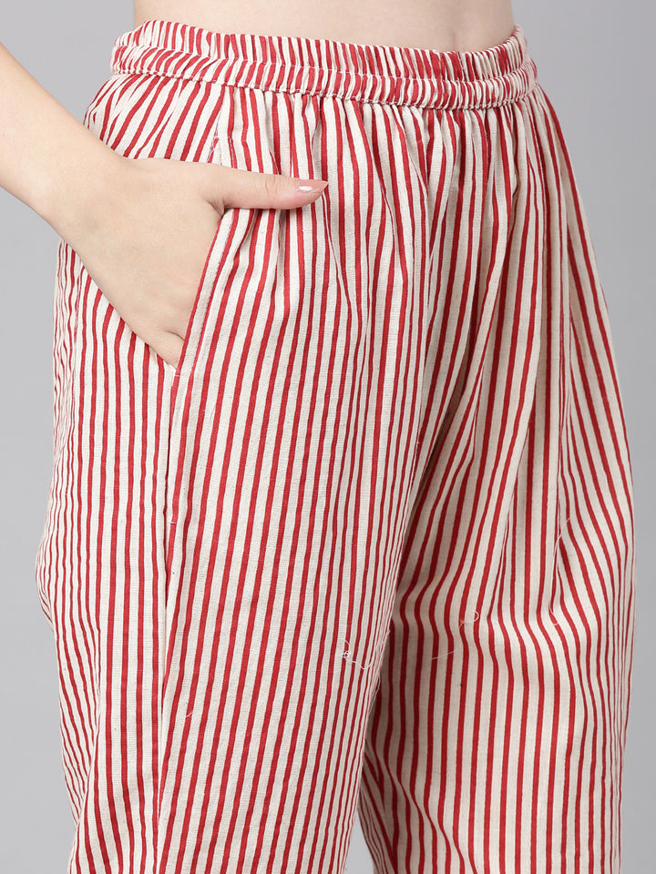 Neerus Red Printed Straight Kurta and Trousers With Dupatta