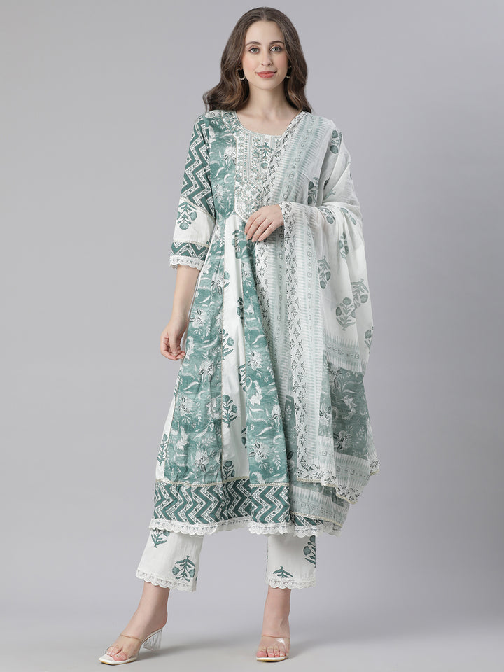 Neerus Green Printed Anarkali Kurta and Trousers With Dupatta