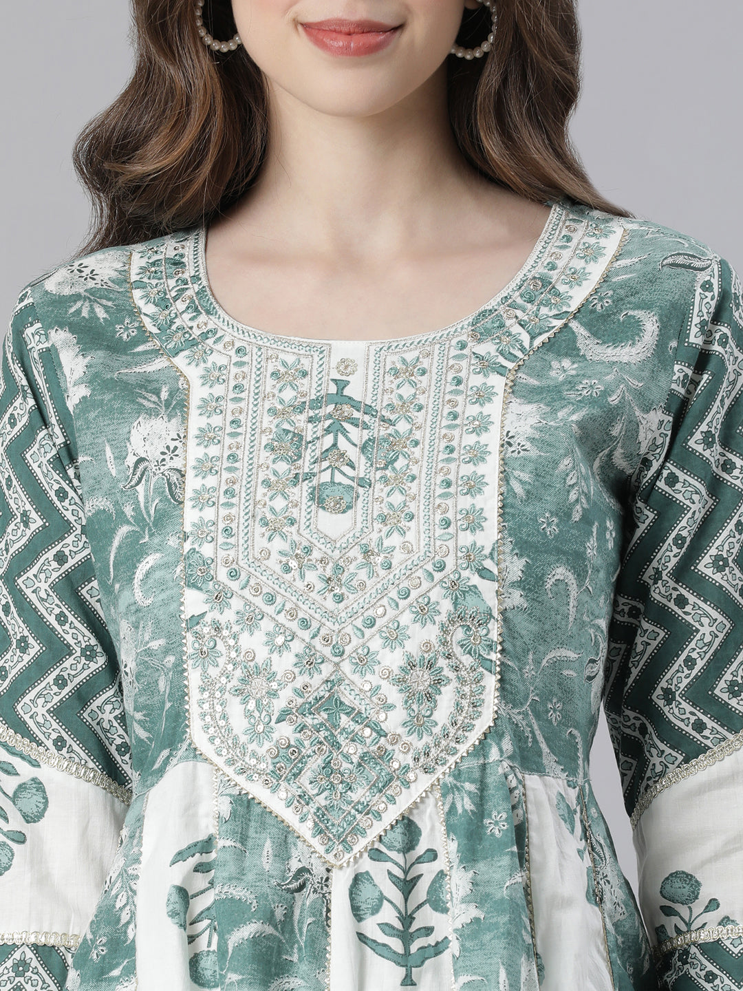 Neerus Green Printed Anarkali Kurta and Trousers With Dupatta