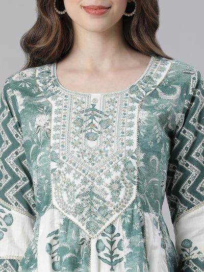 Neerus Green Printed Anarkali Kurta and Trousers With Dupatta