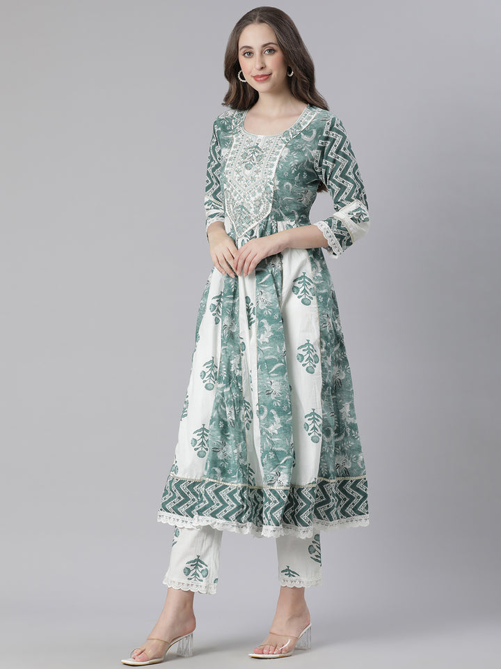 Neerus Green Printed Anarkali Kurta and Trousers With Dupatta