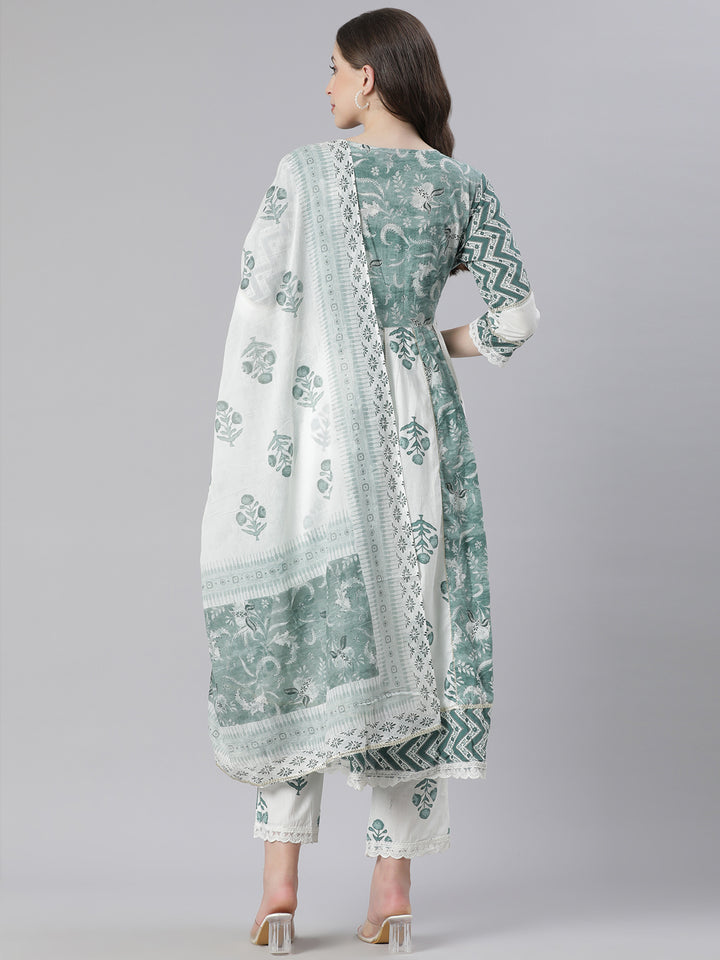 Neerus Green Printed Anarkali Kurta and Trousers With Dupatta