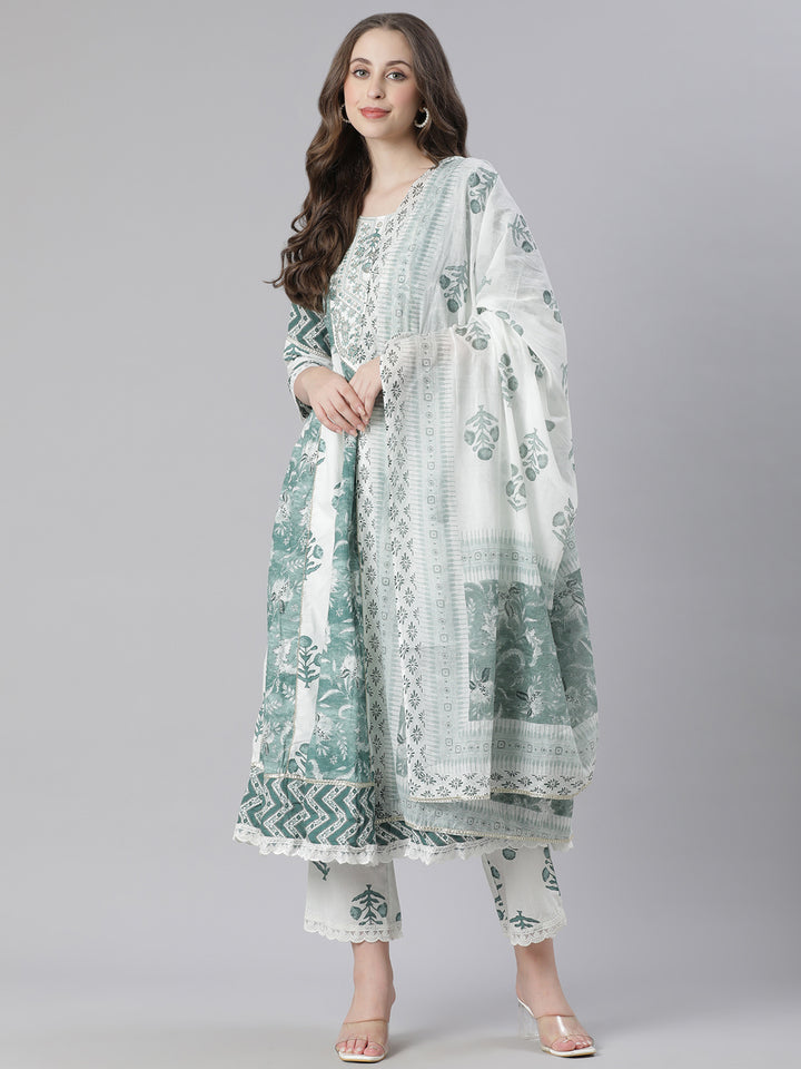 Neerus Green Printed Anarkali Kurta and Trousers With Dupatta