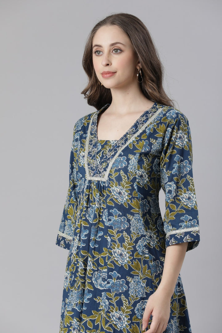 Neerus Blue Printed Anarkali Kurta and Trousers With Dupatta