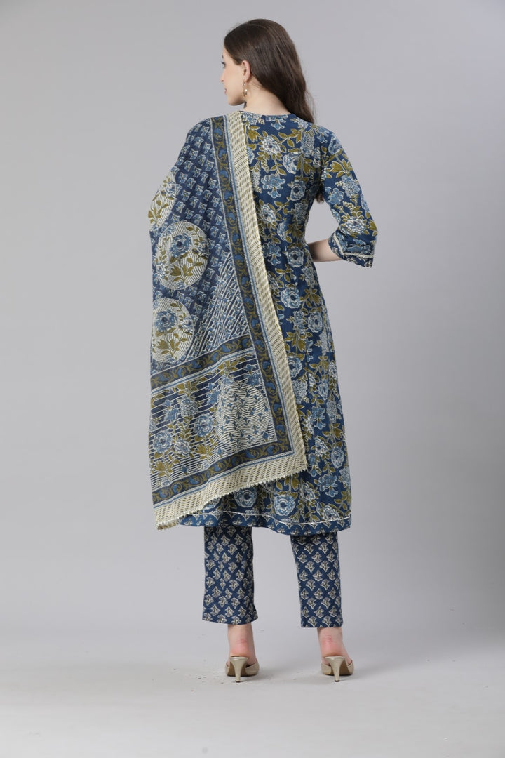 Neerus Blue Printed Anarkali Kurta and Trousers With Dupatta