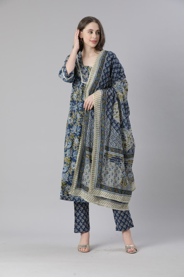 Neerus Blue Printed Anarkali Kurta and Trousers With Dupatta