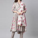 Neerus Off white Printed Anarkali Kurta and Trousers With Dupatta