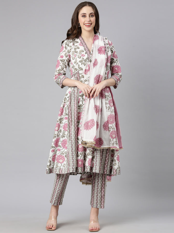 Neerus Off white Printed Anarkali Kurta and Trousers With Dupatta