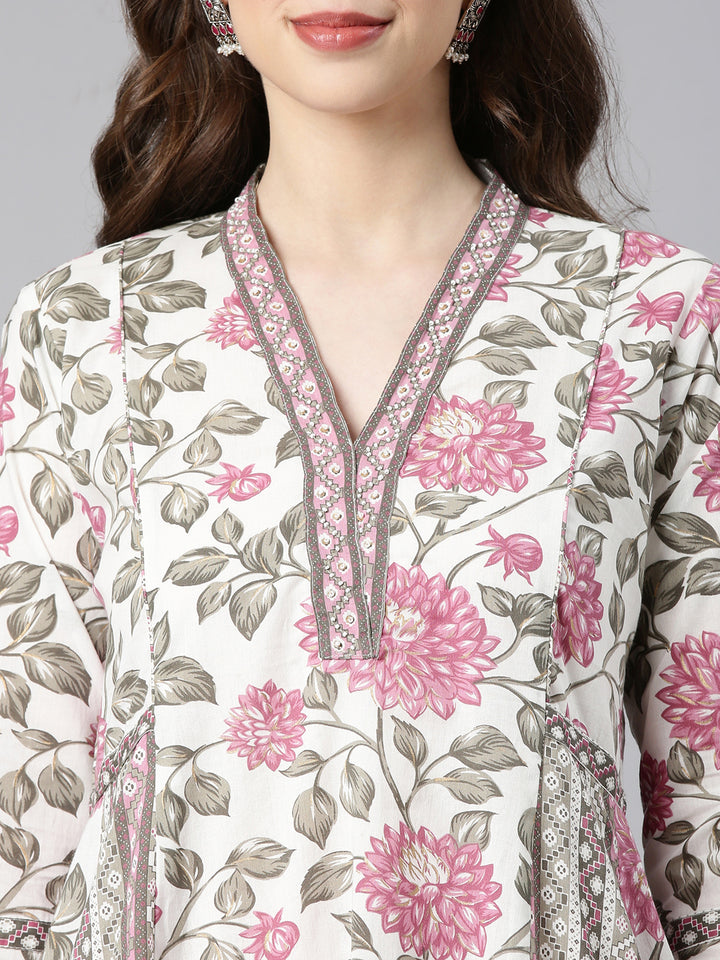 Neerus Off white Printed Anarkali Kurta and Trousers With Dupatta