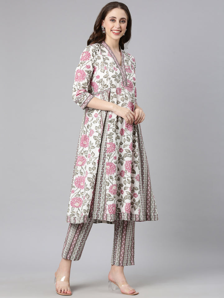 Neerus Off white Printed Anarkali Kurta and Trousers With Dupatta