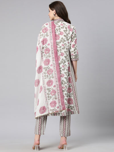 Neerus Off white Printed Anarkali Kurta and Trousers With Dupatta