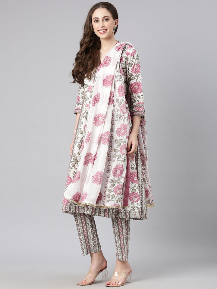Neerus Off white Printed Anarkali Kurta and Trousers With Dupatta