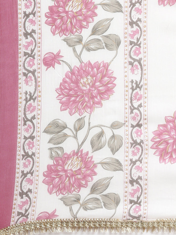 Neerus Off white Printed Anarkali Kurta and Trousers With Dupatta