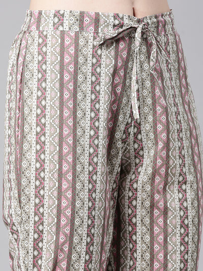 Neerus Off white Printed Anarkali Kurta and Trousers With Dupatta