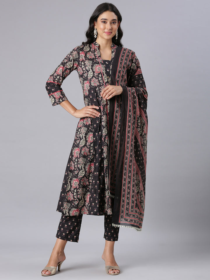 Neerus Black Printed Straight Kurta And Trousers With Dupatta
