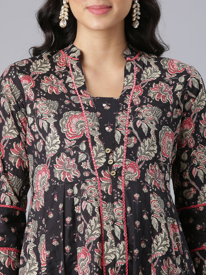 Neerus Black Printed Straight Kurta And Trousers With Dupatta