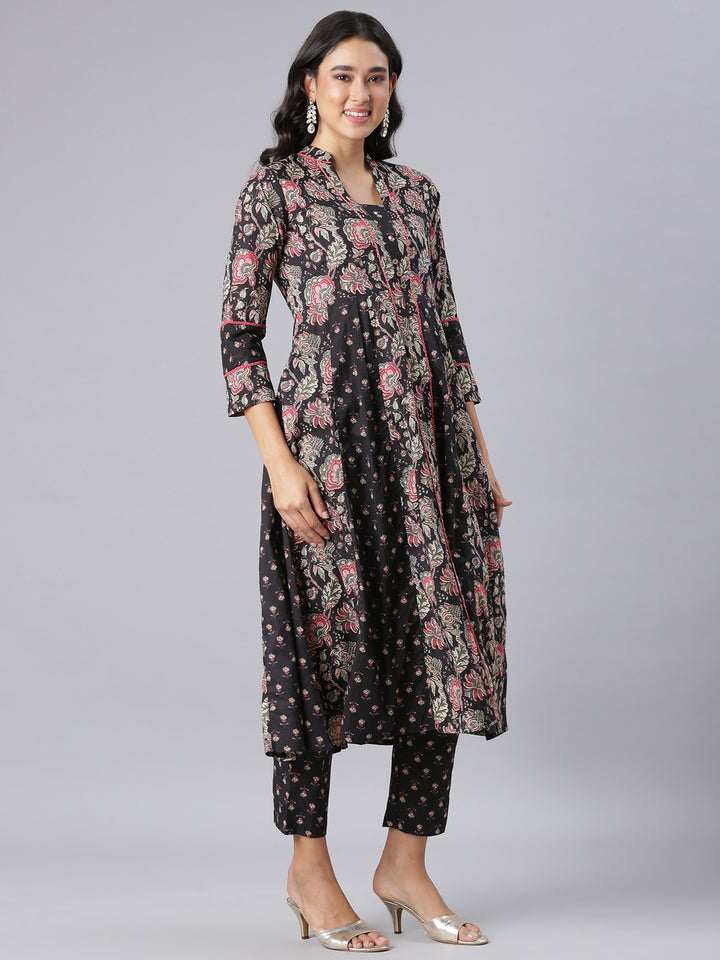 Neerus Black Printed Straight Kurta And Trousers With Dupatta