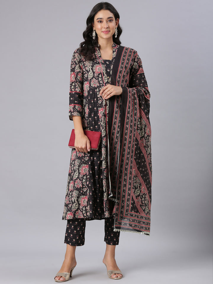 Neerus Black Printed Straight Kurta And Trousers With Dupatta