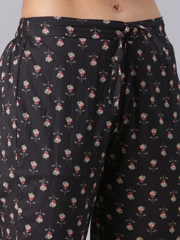 Neerus Black Printed Straight Kurta And Trousers With Dupatta