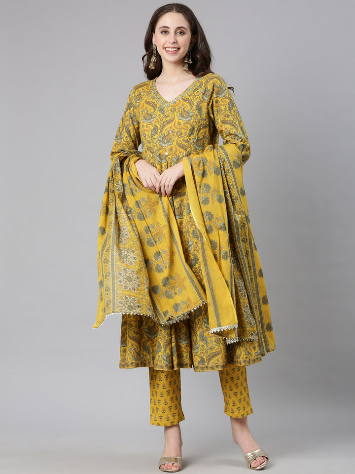 Neerus Yellow cotton printed anarkali suit set - front view