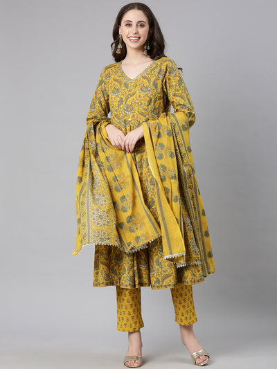 Neerus Mustard Printed Anarkali Kurta and Trousers With Dupatta