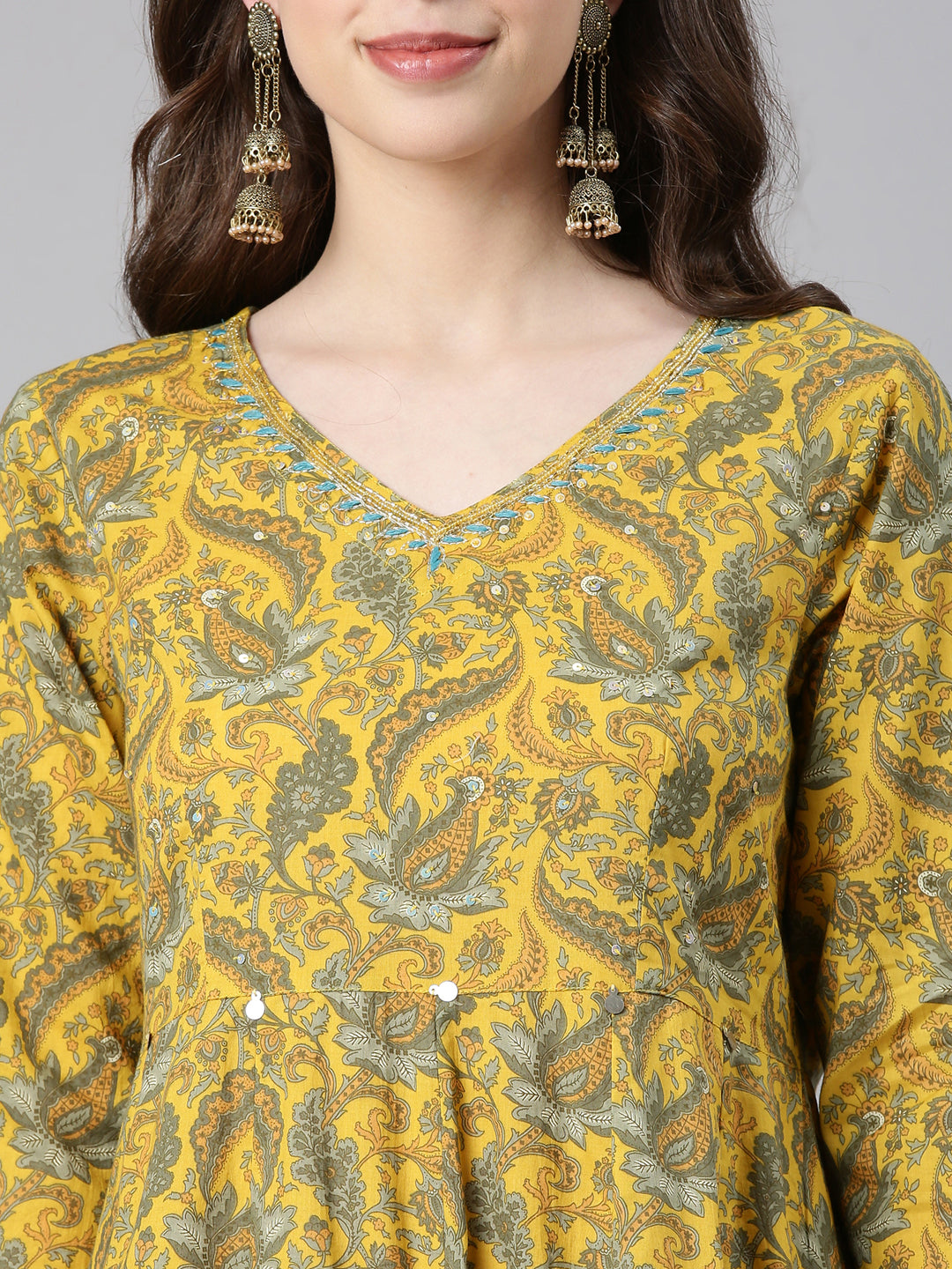 Neerus Yellow cotton printed anarkali suit set - detail view 1