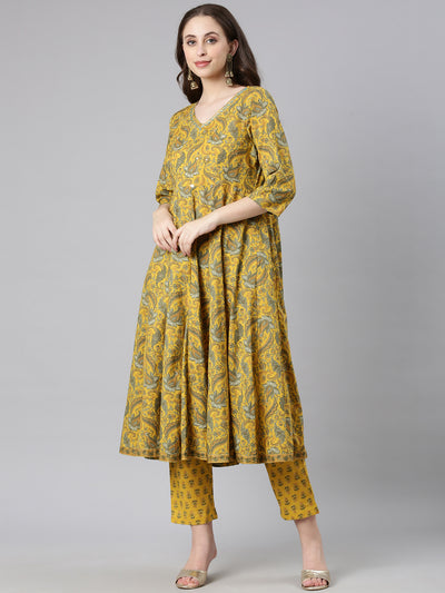 Neerus Mustard Printed Anarkali Kurta and Trousers With Dupatta