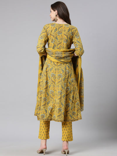 Neerus Mustard Printed Anarkali Kurta and Trousers With Dupatta