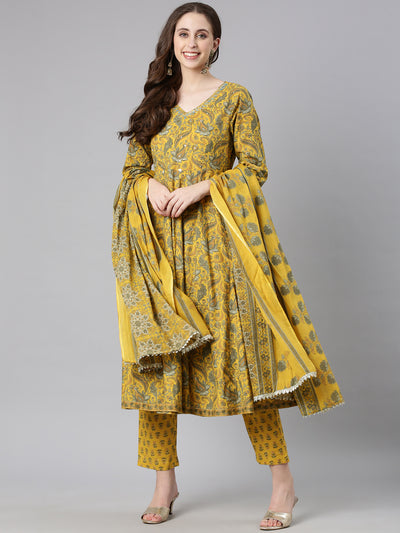 Neerus Mustard Printed Anarkali Kurta and Trousers With Dupatta