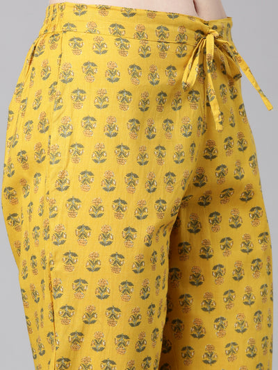 Neerus Mustard Printed Anarkali Kurta and Trousers With Dupatta