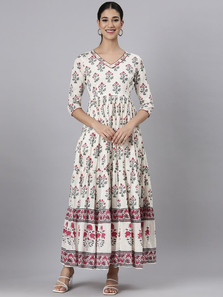 Neerus Off White Casual Maxi Floral Dresses