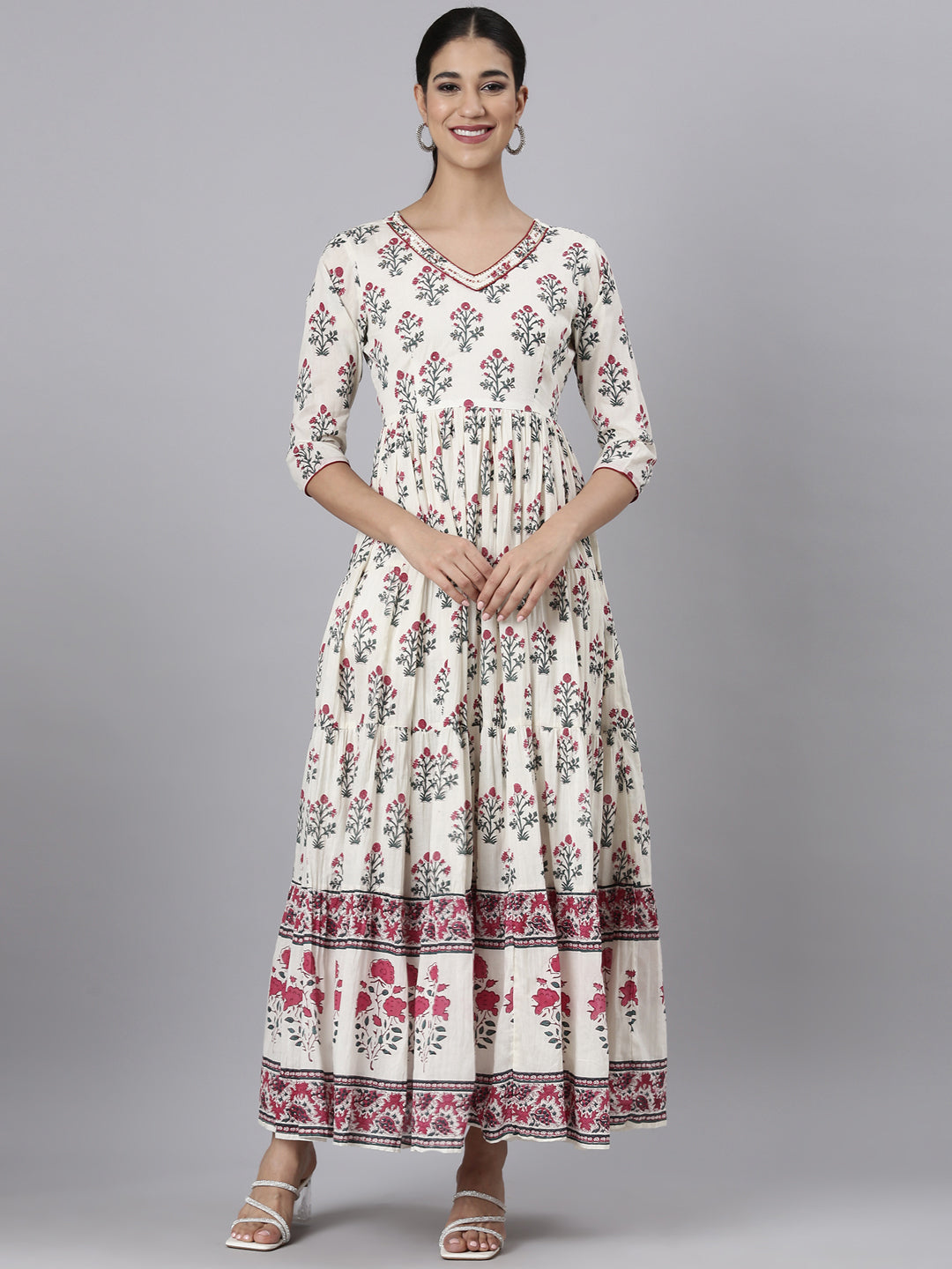 Neerus Off White Casual Maxi Floral Dresses