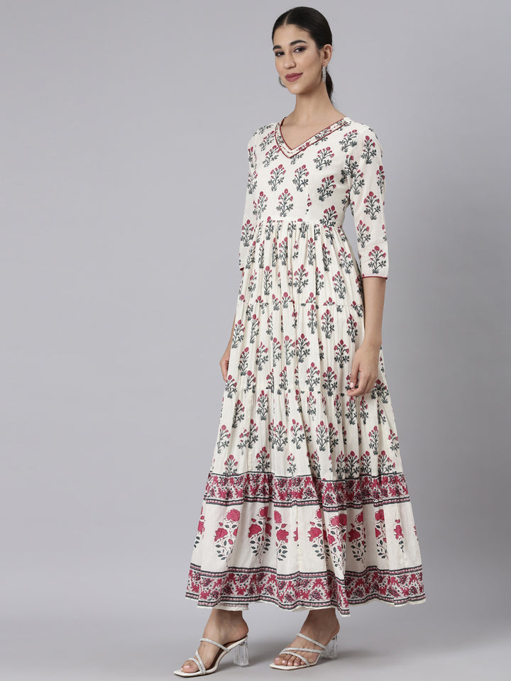 Neerus Off White Casual Maxi Floral Dresses