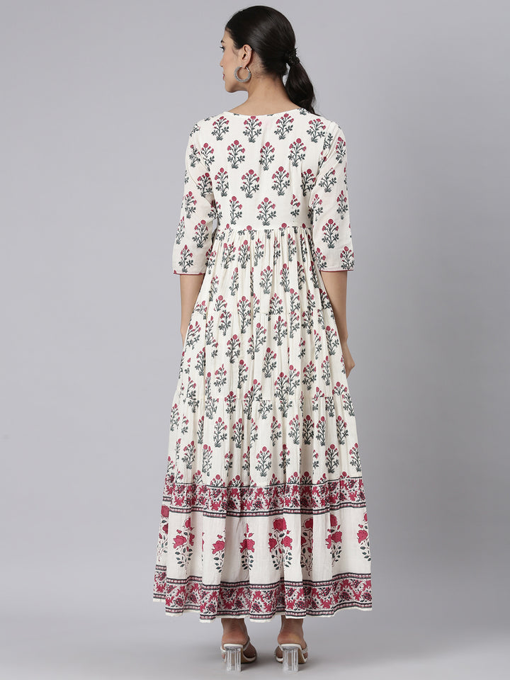 Neerus Off White Casual Maxi Floral Dresses