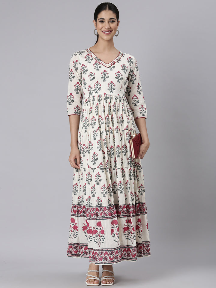 Neerus Off White Casual Maxi Floral Dresses