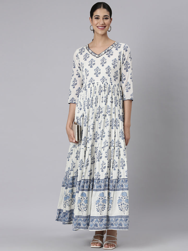 Neerus White Casual Maxi Floral Dresses