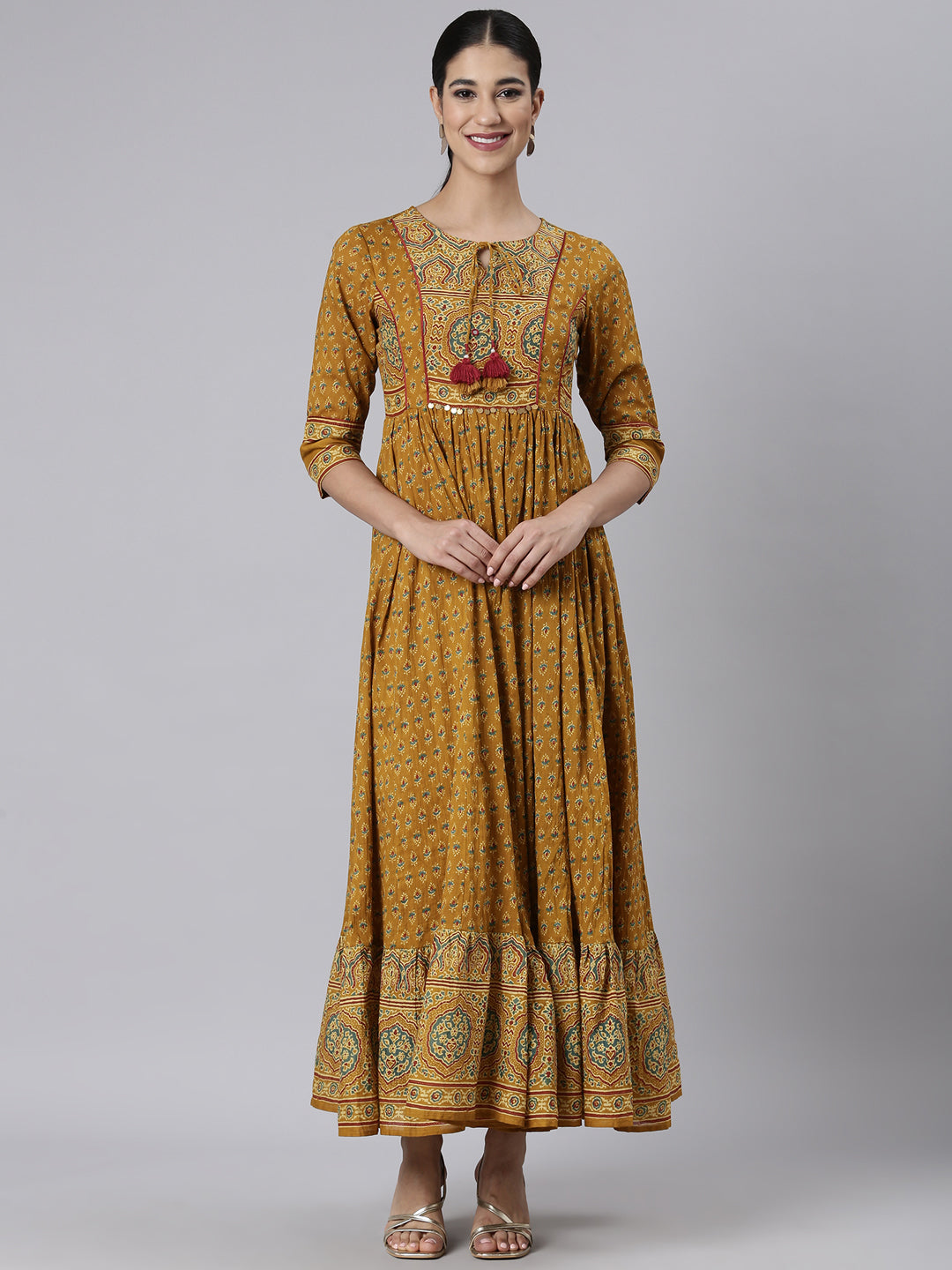 Neerus Yellow Floral Printed Cotton Maxi Dress for Casual Daily Wear Women   Neerus India