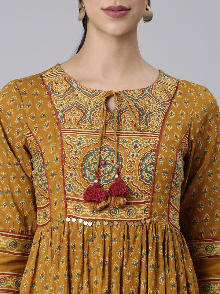 Neerus Mustard Casual Maxi Floral Dresses