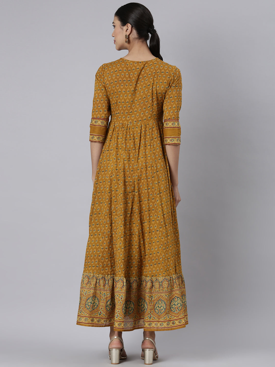 Neerus Mustard Casual Maxi Floral Dresses