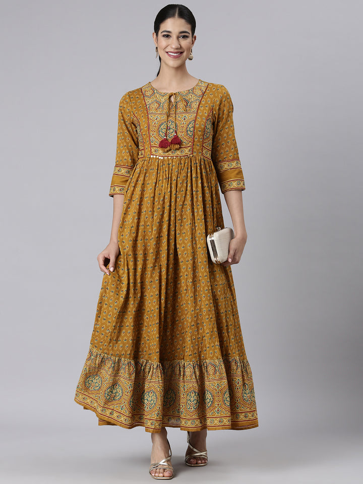 Neerus Mustard Casual Maxi Floral Dresses