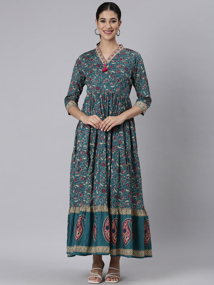 Neerus Green Casual Maxi Floral Dresses