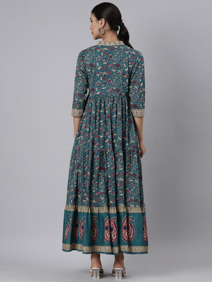 Neerus Green Casual Maxi Floral Dresses