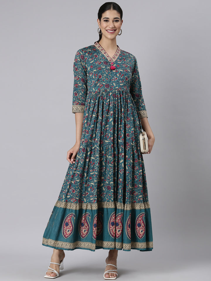 Neerus Green Casual Maxi Floral Dresses