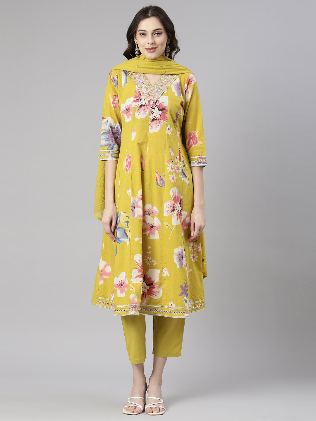 Neerus Yellow Printed Anarkali Kurta and Trousers With Dupatta