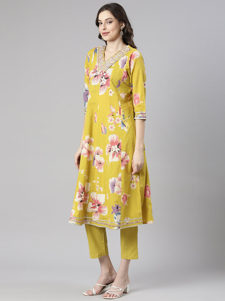 Neerus Yellow Printed Anarkali Kurta and Trousers With Dupatta