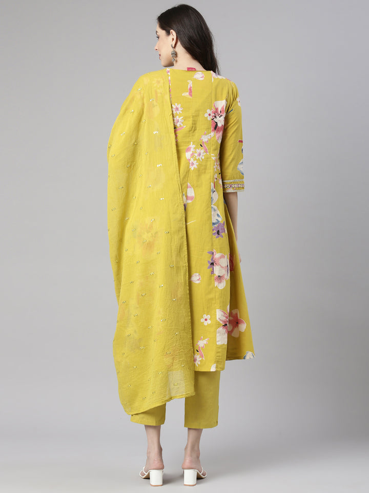 Neerus Yellow Printed Anarkali Kurta and Trousers With Dupatta