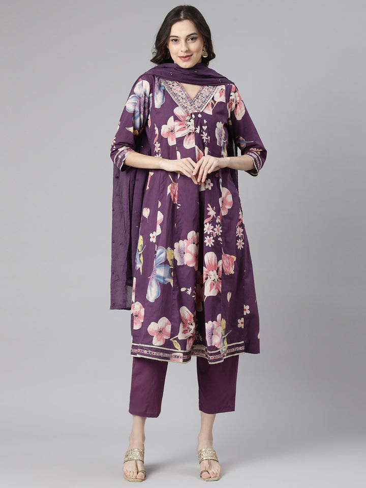 Neerus Purple Printed Anarkali Kurta and Trousers With Dupatta