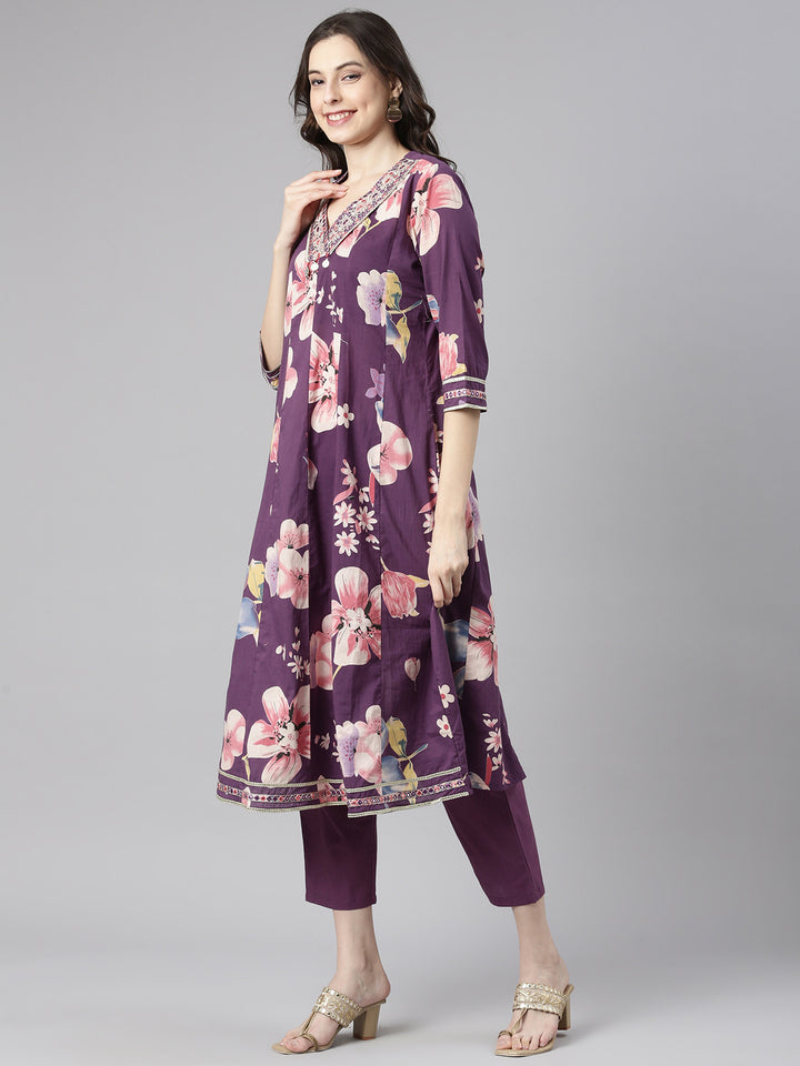 Neerus Purple Printed Anarkali Kurta and Trousers With Dupatta