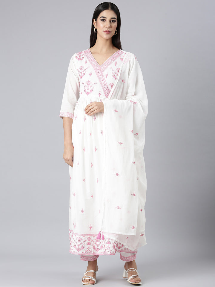 Neerus Pink Embroidered Curved Kurta and Trousers With Dupatta